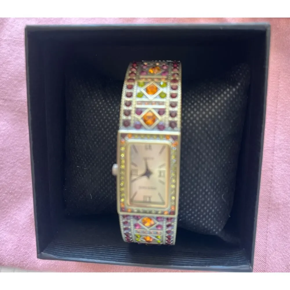 Heidi Daus Double Trouble Bangle Cuff Wrist Watch Swarovski Crystals Brass Tone